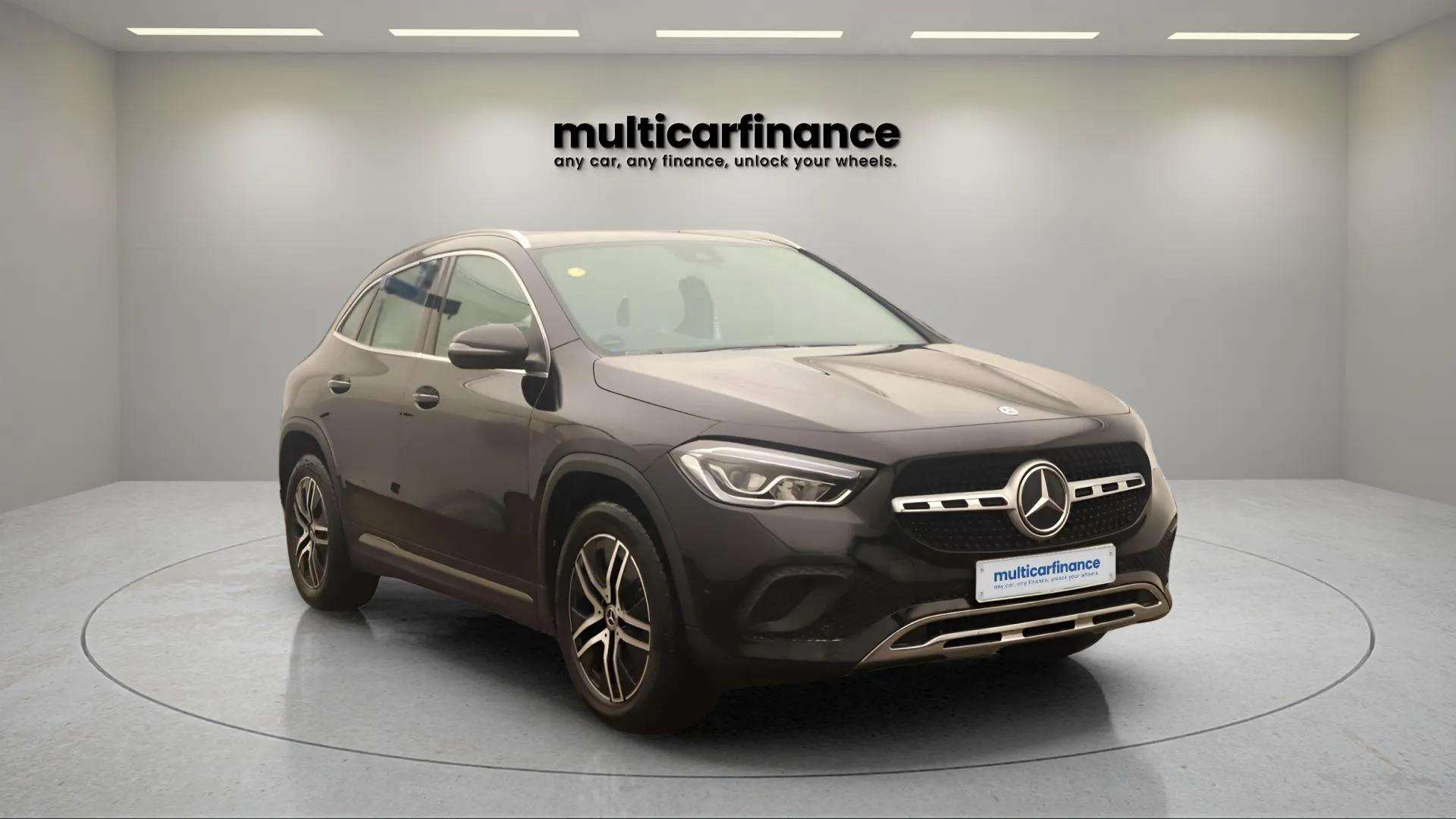 A black 2023 Mercedes GLA 200 petrol SUV with automatic transmission, available on PCP and HP finance at MultiCar Finance, showcasing its sleek design and premium appeal.