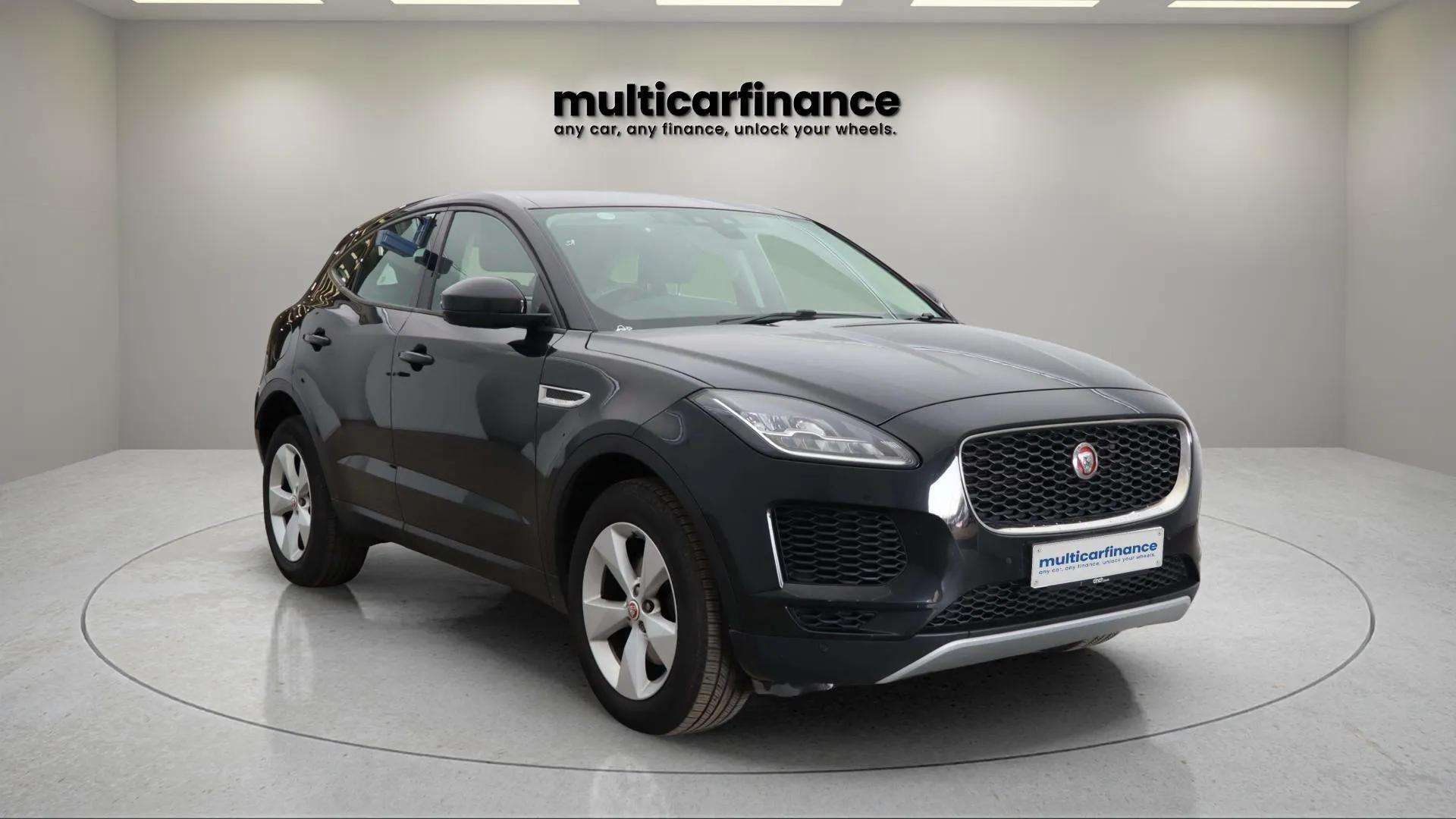 A black 2018 Jaguar E-Pace diesel SUV with manual transmission, available on PCP and HP finance at MultiCar Finance, highlighting its sleek design and compact luxury appeal.
