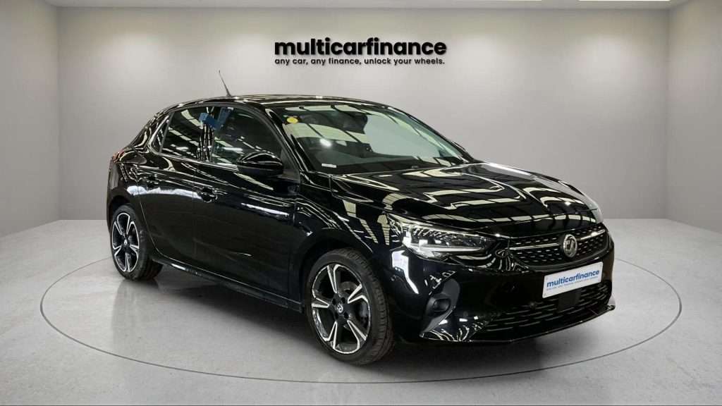 A black 2022 Vauxhall Corsa petrol hatchback with manual transmission, available on PCP and HP finance at MultiCar Finance, showcasing its sleek design and urban appeal.