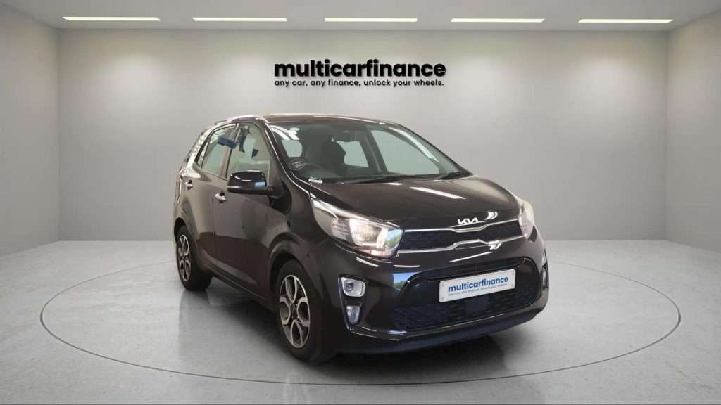 A black 2022 Kia Picanto petrol hatchback with manual transmission, available on PCP and HP finance at MultiCar Finance, showcasing its sleek design and urban appeal.