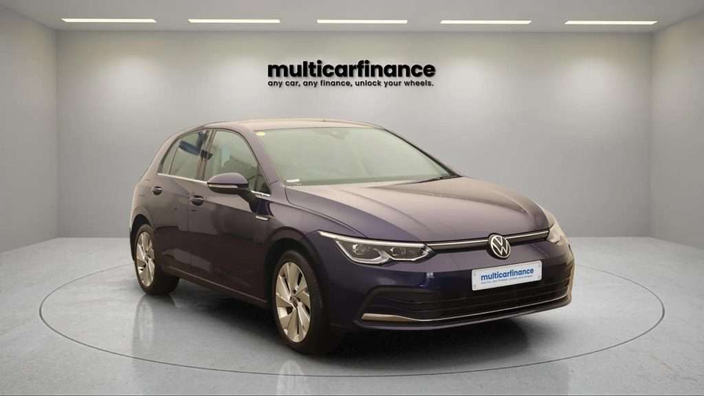 A blue 2020 Volkswagen Golf petrol hatchback with manual transmission, available on PCP and HP finance at MultiCar Finance, showcasing its sleek design and versatile appeal.