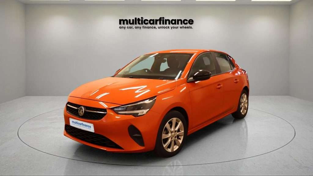 An orange 2022 Vauxhall Corsa petrol hatchback with manual transmission, available on PCP and HP finance at MultiCar Finance, showcasing its vibrant design and urban appeal.