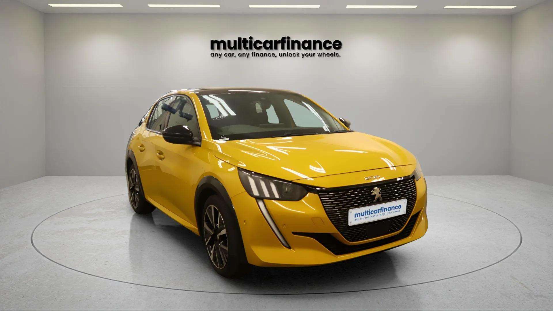 A yellow 2021 Peugeot 208 petrol hatchback with manual transmission, available on PCP and HP finance at MultiCar Finance, showcasing its vibrant design and urban appeal.