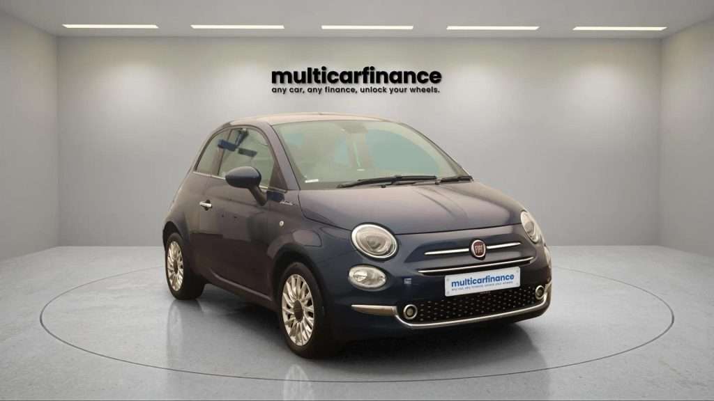 A black 2022 Fiat 500 petrol hatchback with manual transmission, available on PCP and HP finance at MultiCar Finance, showcasing its iconic design and urban appeal.