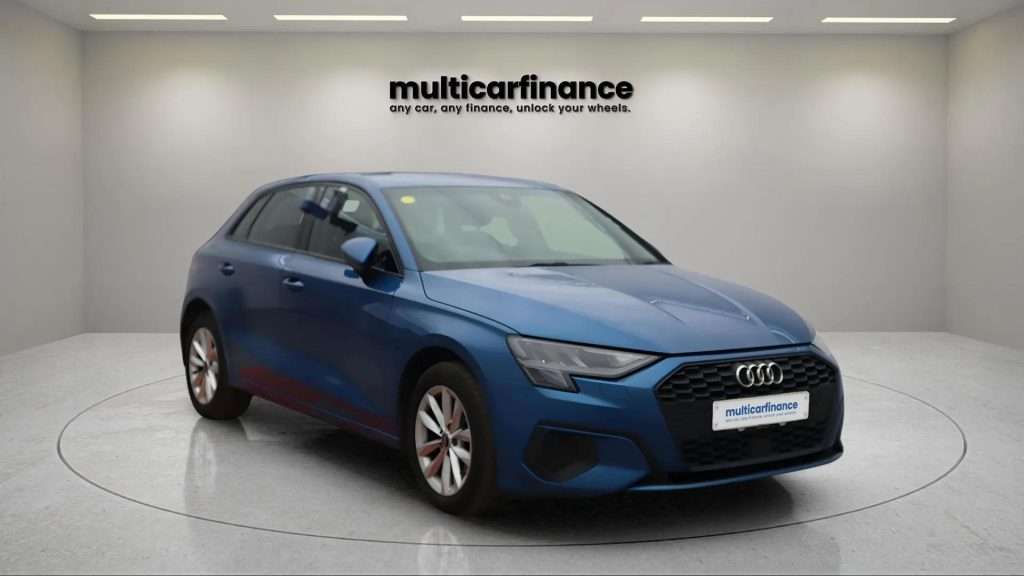 A blue 2021 Audi A3 Sportback petrol hatchback with automatic transmission, available on PCP and HP finance at MultiCar Finance, showcasing its sleek design and premium appeal.