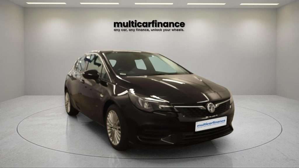 A black 2020 Vauxhall Astra petrol hatchback with manual transmission, available on PCP and HP finance at MultiCar Finance, showcasing its sleek design and dynamic appeal.