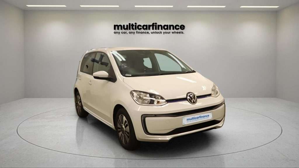 A white 2023 Volkswagen e-up electric hatchback with automatic transmission, available on PCP and HP finance at MultiCar Finance, showcasing its sleek design and eco-friendly appeal.