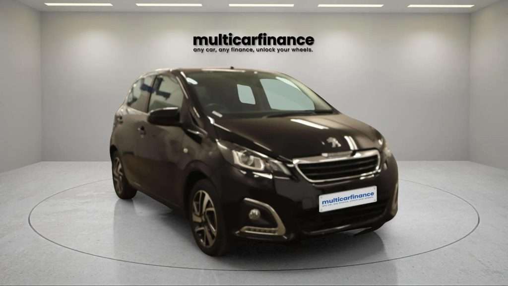 A black 2019 Peugeot 108 petrol hatchback with manual transmission, available on PCP and HP finance at MultiCar Finance, showcasing its chic design and urban appeal.