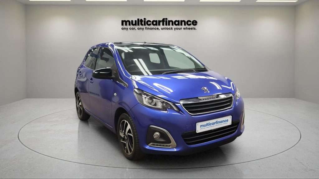 A blue 2021 Peugeot 108 petrol hatchback with manual transmission, available on PCP and HP finance at MultiCar Finance, showcasing its stylish design and urban appeal.