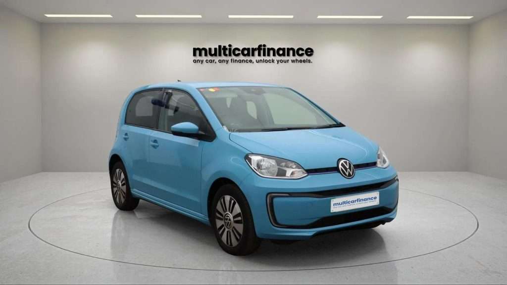 A blue 2022 Volkswagen e-up electric hatchback with automatic transmission, available on PCP and HP finance at MultiCar Finance, showcasing its compact design and eco-friendly appeal.